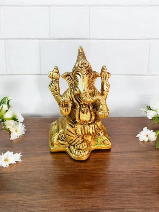 Brass Ganesha Showpiece | For Home, Office, and Temples | Traditional Brass Ganesha Murti ( Yellow, 3.1 inch) Aakrati