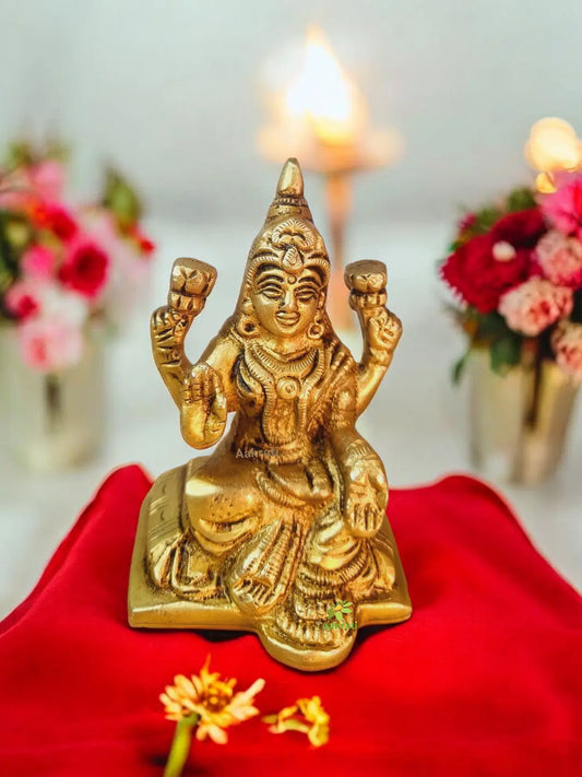Brass Mini Lakshmi Statue | A Perfect Gift for Prosperity | Elegant Brass Lakshmi Murti ( Yellow, 3.1 inch) Aakrati