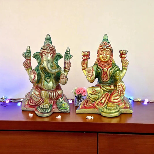Brass Lakshmi Ganesha Idol Pair | Blessings of Wealth and Prosperity for Your Space | Elegant Brass Lakshmi Ganesha Set ( Multi Colour, 3.1 inch) Aakrati