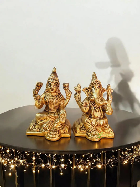 Premium Brass Lakshmi & Ganesha Pair Murti | Spiritual Blessings for Your Home | Brass Lakshmi Ganesha Duo Set ( Yellow, 3.1 inch) Aakrati