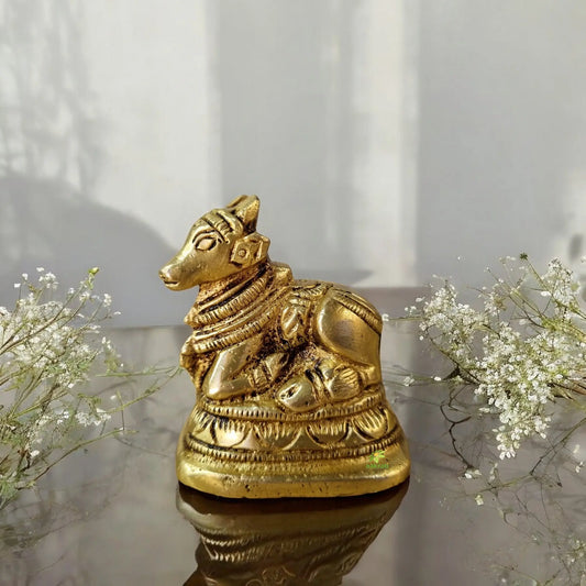 Handcrafted Brass Nandi Murti | A Divine Presence for Your Sacred Space | Brass Nandi Figurine ( Yellow, 2 inch) Aakrati
