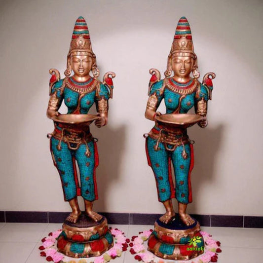 Goddess Figure Deep Laxmi Standing Pair Brass Made Statue Aakrati