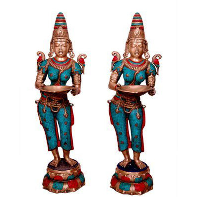Goddess Figure Deep Laxmi Standing Pair Brass Made Statue Aakrati