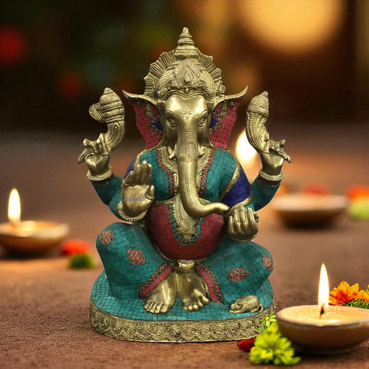 Ganesh statue with colored stones 21 inch Indian brass Cast Aakrati