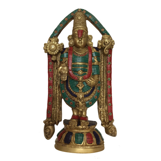 Lord Tirupati Balaji Brass Metal Statue - Religious metal figure with stone work
