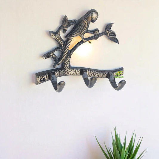 3 Key hook with Bird on tree for decoration & Gift ( Brown, 5.5 inch) Aakrati