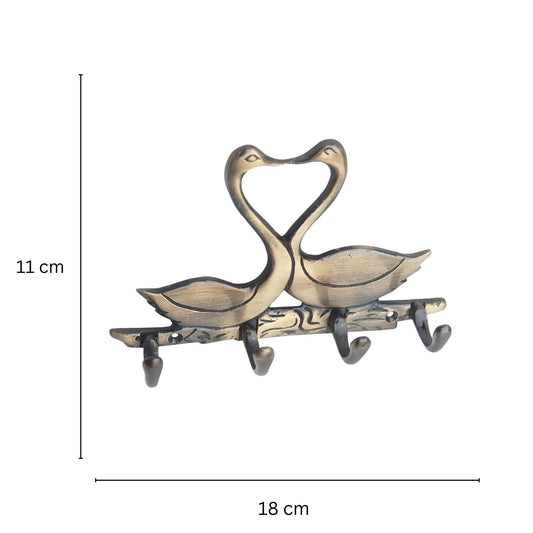 Metal Animal shape two Swan with 4 hooks crafted key holder ( Brown, 7 inch) Aakrati