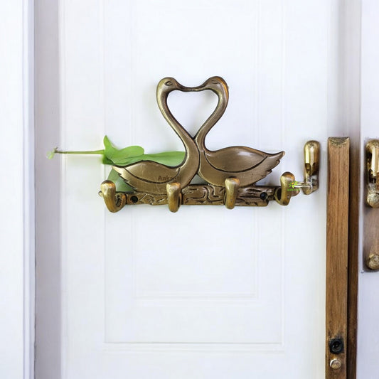 Metal Animal shape two Swan with 4 hooks crafted key holder ( Brown, 7 inch)