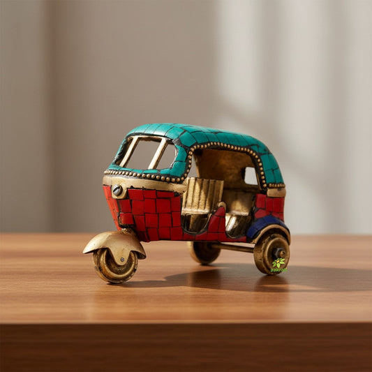 Brass Auto Rickshaw Statue | Traditional Indian Charm for Your Living Room | Handcrafted Brass Tempo Idol | Tuk Tuk ( Yellow Color, 3 inch) Aakrati