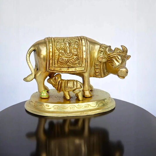 Brass Cow and Calf Figurine | Sacred Decorative Piece for Spiritual and Traditional Homes | Handcrafted Brass Cow Idol ( Yellow, 4 inch) Aakrati