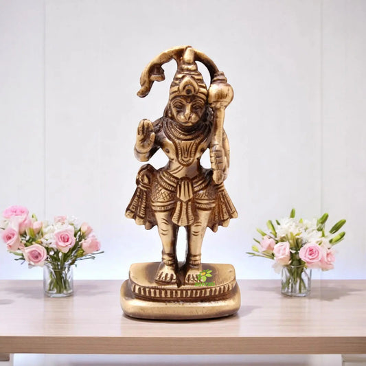 Brass Mini Hanuman Statue | Perfect for Home Temples and Spiritual Ambiance | Elegant Brass Hanuman Figurine ( Brown, 4 inch) Aakrati