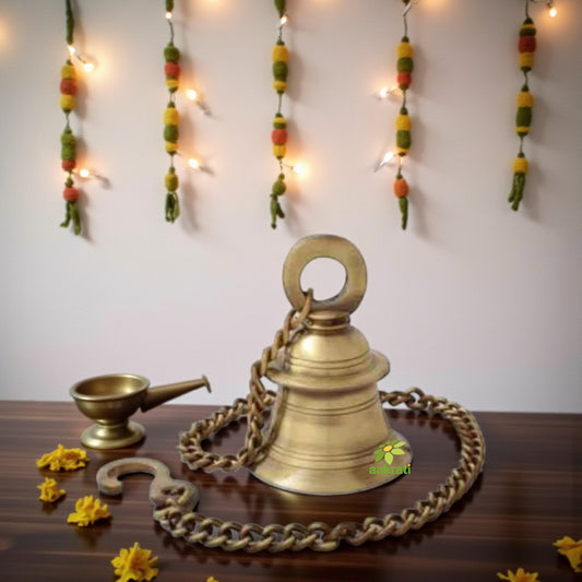 Antique Style Brass Hanging Bell | Decorative Hanging Bell for Home & Temple with Sacred Sound | Brass Temple Bell ( Brown, 4 inch)