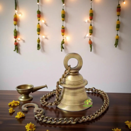 Antique Style Brass Hanging Bell | Decorative Hanging Bell for Home & Temple with Sacred Sound | Brass Temple Bell ( Brown, 4 inch) Aakrati