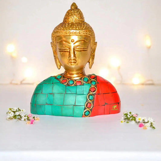 God Buddha Bust with coral Stone work of Brass Aakrati