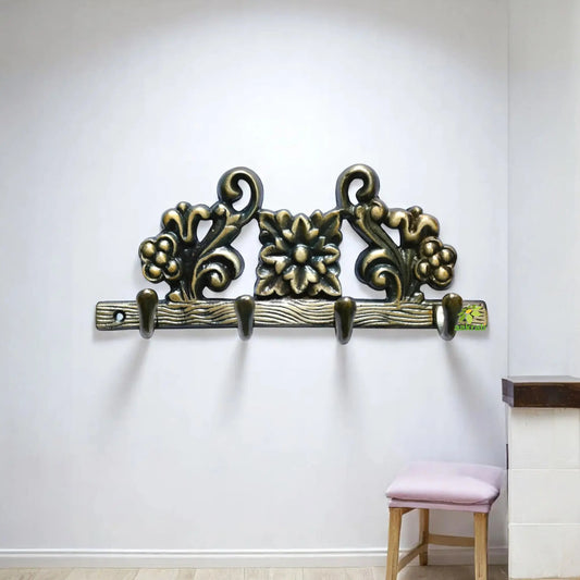 Brass Floral Design Wall Hanger | Perfect Blend of Beauty and Function | Antique Hanmade Brass Wall Hanger ( Yellow, 8 inch) Aakrati