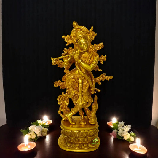 Brass Lord Krishna Statue | Elegant and Sacred Home Accent | Krishna Brass Idol ( Yellow, 12 inch) Aakrati