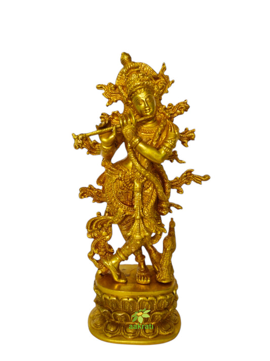 Brass Lord Krishna Statue | Elegant and Sacred Home Accent | Krishna Brass Idol ( Yellow, 12 inch)