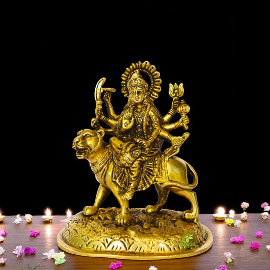 Brass Durga Murti | Idol of Power, Protection, and Prosperity | Durga Mata Brass Statue ( Yellow, 5.5 inch) Aakrati