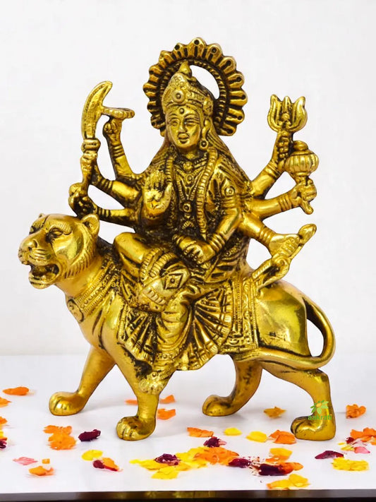 Divine Durga in Brass | Blessings of Peace and Prosperity | Durga Mata Brass Idol ( Yellow, 5 inch) Aakrati