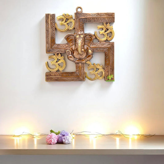 Brass Ganesha Swastik Wall Hanging | Traditional Religious Symbol | Handcrafted Brass Ganesha Swastik Wall Hanging Items ( Brown, 8 inch)