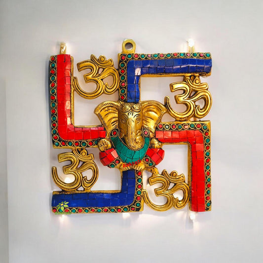 Ganesha and Swastik Brass Wall Hanging/wall Decor Turquoise work Aakrati