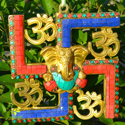 Ganesha and Swastik Brass Wall Hanging/wall Decor Turquoise work Aakrati