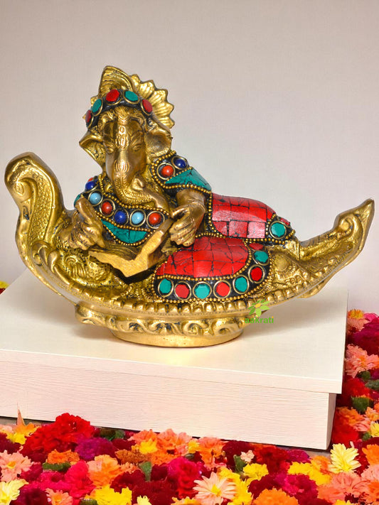 Lord Ganesha Reclining Stone Work Brass Metal Statue