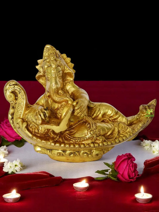 Brass Ganesha Idol on Throne | Bring Divine Blessings to Your Sacred Space | Brass Decorative Ganpati Murti ( Yellow, 7 inch) Aakrati