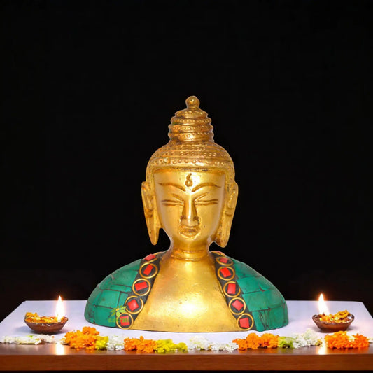 Brass Made Lord Buddha Bust stone work Aakrati