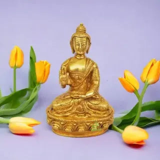 Luxury Brass Buddha Murti | Handcrafted Spiritual Idol for Luxurious Home Decor | Brass Buddha Statue ( Yellow, 8 inch) Aakrati