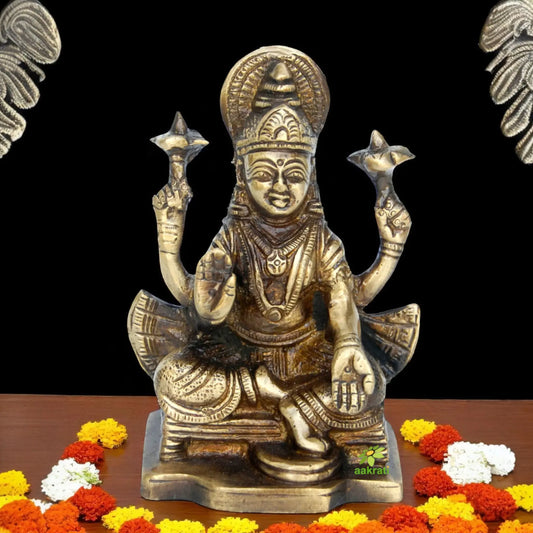 Handmade Brass Mini Laxmi Murti | Symbol of Prosperity & Wealth | Brass Laxmi Mata Statue ( Yellow, 3.9 inch) Aakrati
