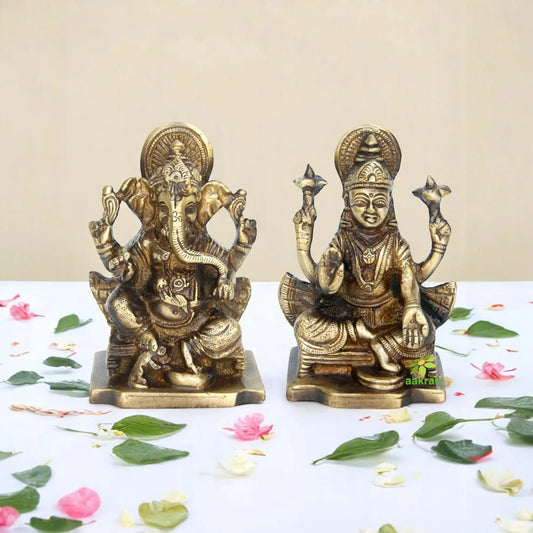 Brass Laxmi Ganesha Murti | Beautiful Festival Decoration Piece | Handmade Brass Laxmi Ganesha Idol ( Yellow, 3.9 inch) Aakrati