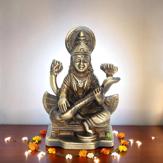 Traditional Brass Saraswati Idol | Perfect for Home Puja and Decor | Brass Goddess Saraswati Statue ( Brown, 3.9 inch) Aakrati