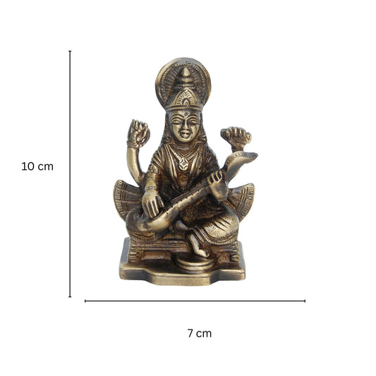 Traditional Brass Saraswati Idol | Perfect for Home Puja and Decor | Brass Goddess Saraswati Statue ( Brown, 3.9 inch)