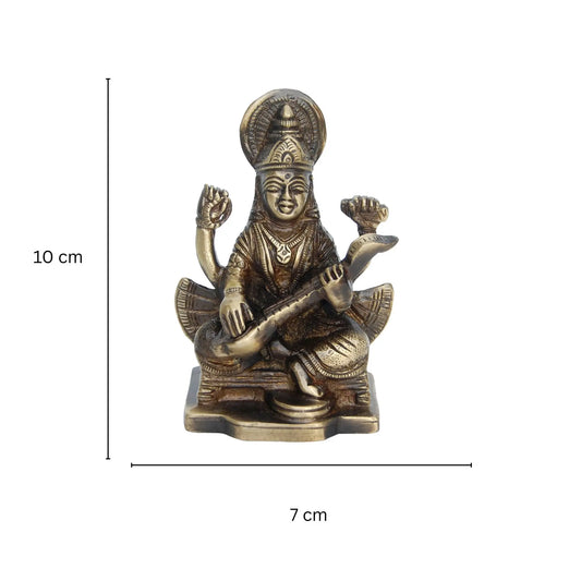 Traditional Brass Saraswati Idol | Perfect for Home Puja and Decor | Brass Goddess Saraswati Statue ( Brown, 3.9 inch) Aakrati