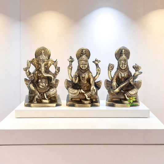 Brass Laxmi Ganesha Saraswati Murti | Handcrafted Religious Statue for Home Decor | Brass Religious Murti Set ( Brown, 3.9 inch) Aakrati