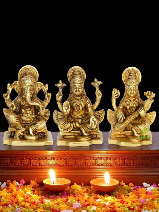 Brass Laxmi, Ganesha, Saraswati Murti | Aesthetic Religious Statue for Blessings and Decor | Divine Brass Statue Set ( Yellow, 3.9 inch) Aakrati