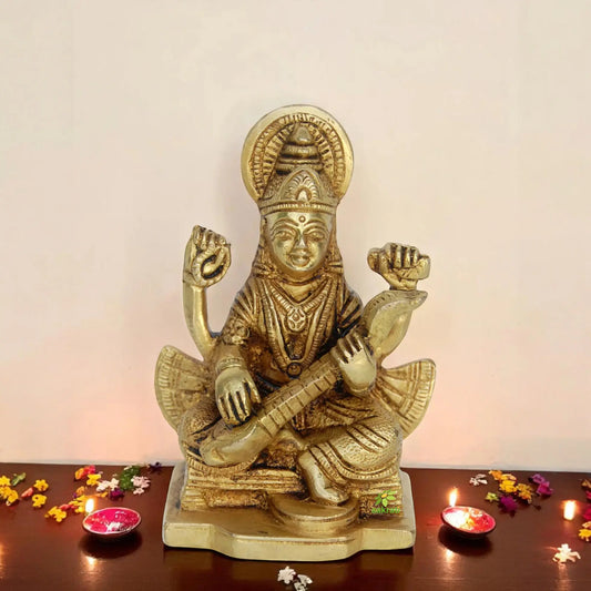 Premium Brass Saraswati Statue | Divine Symbol of Art, Music, and Learning | Handcrafted Brass Saraswati Murti ( Yellow, 3.9 inch) Aakrati