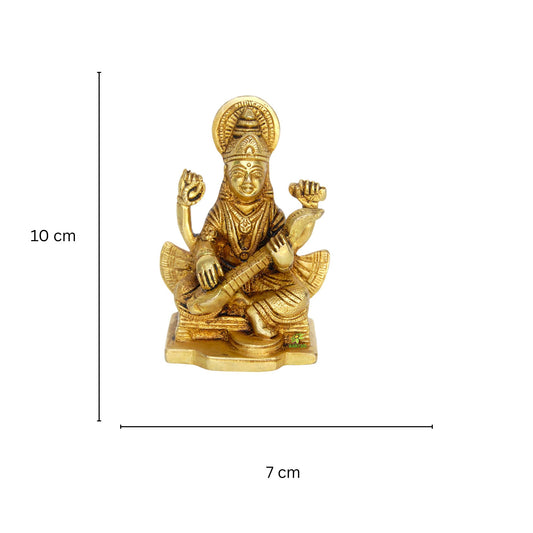 Premium Brass Saraswati Statue | Divine Symbol of Art, Music, and Learning | Handcrafted Brass Saraswati Murti ( Yellow, 3.9 inch)