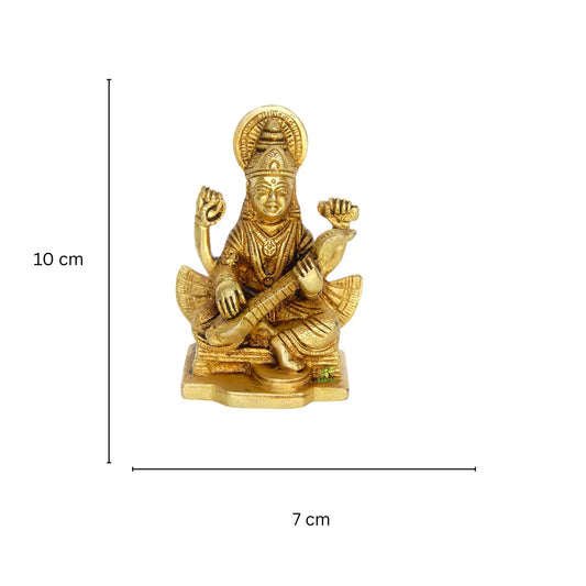 Premium Brass Saraswati Statue | Divine Symbol of Art, Music, and Learning | Handcrafted Brass Saraswati Murti ( Yellow, 3.9 inch) Aakrati