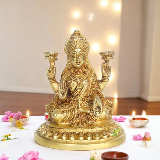 Brass Goddess Laxmi Murti | Ideal for Festive Celebrations & Home Decor | Handcrafted Brass Laxmi Idol ( Yellow, 5.5 inch) Aakrati