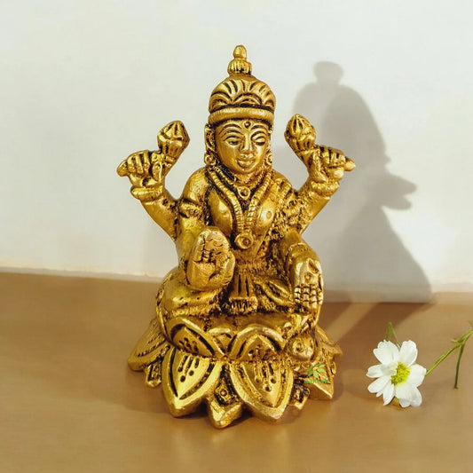 Mini Laxmi Murti in Brass | Perfect for Puja and Blessings | Handcrafted Brass Laxmi Statue ( Yellow, 3.1 inch) Aakrati