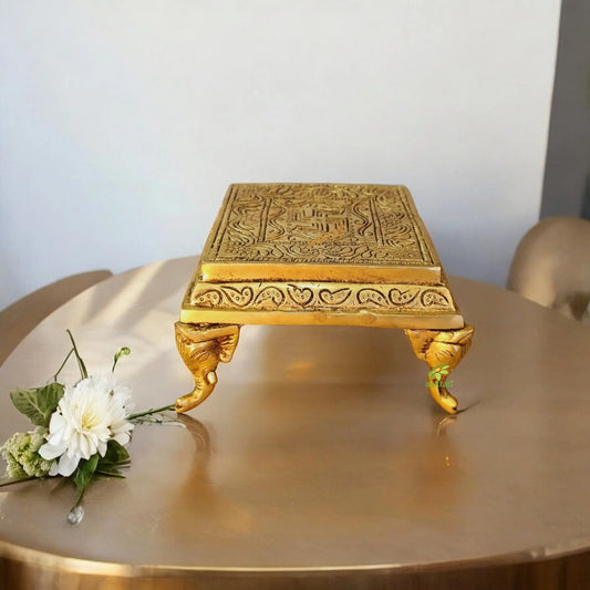 Brass Pooja Chowki | Elegant Handmade Decorative Piece for Worship | Traditional Brass Chowki ( Yellow, 4.5 inch) Aakrati