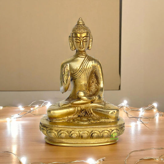 Traditional Brass Buddha Murti | Handcrafted Peaceful Idol for Home and Office Decor | Brass Buddha Statue ( Yellow, 4.3 inch)