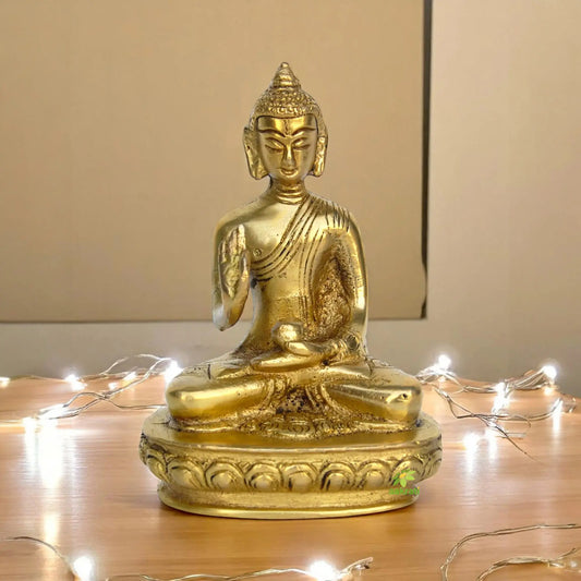 Traditional Brass Buddha Murti | Handcrafted Peaceful Idol for Home and Office Decor | Brass Buddha Statue ( Yellow, 4.3 inch) Aakrati