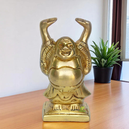 Brass Laughing Buddha Statue | Delightful Home Decor Piece for Good Luck and Positivity | Handmade Brass Laughing Buddha Showpiece ( Yellow, 5.9 inch)