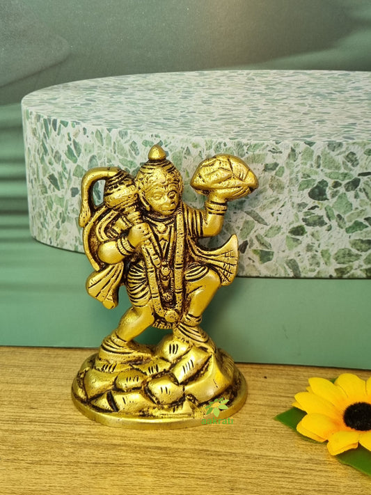 Handcrafted Brass Hanuman Idol | Divine Showpiece for Home and Office | Elegant Brass Hanuman Statue in Standing Position ( Yellow, 3.9 inch)
