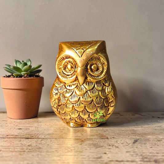 Brass Owl Showpiece Statue | Antique Style Metal Bird Decor for Home | Decorative Collectible Gift for Art & Bird Lovers (Yellow, 4 Inches) - Ashopi