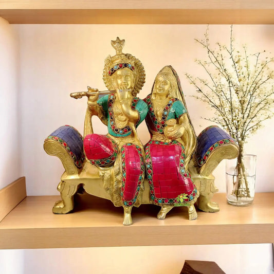 Radha Krishna Sitting On a Sofa Set with Turquoise Work Aakrati