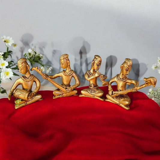 Aakrati Decorative Four Sitting Statue of Musician in Antique Finish - Brass Made Home Decor Table showpiece Metal Gift Craft Aakrati